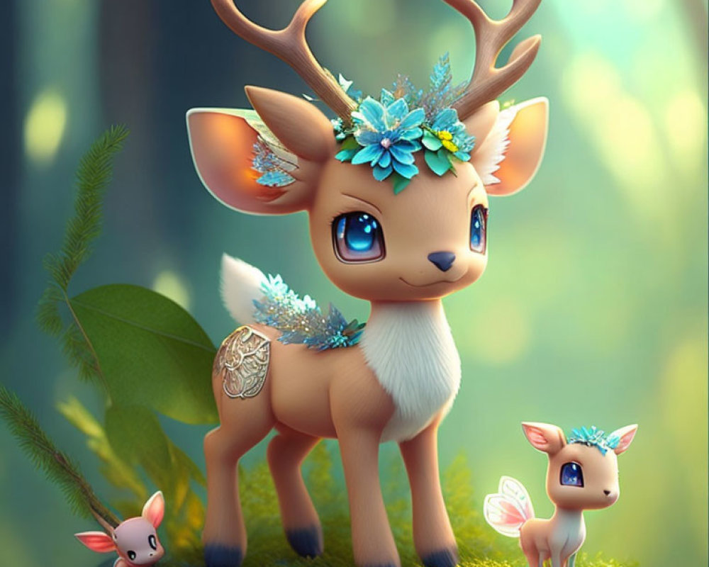 Whimsical deer with turquoise flower antlers in enchanted forest