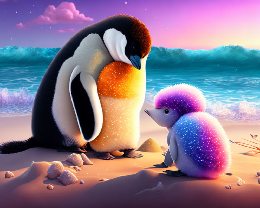 Adult and baby penguins on beach under twilight sky