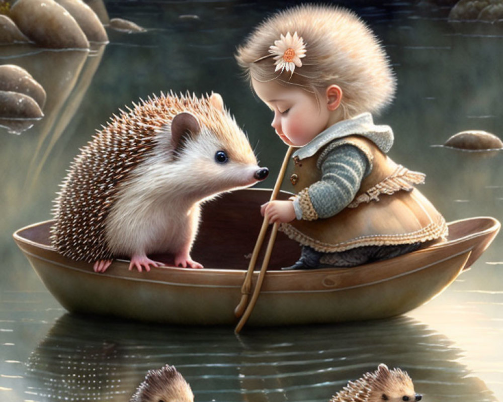Girl in boat with hedgehog and swimming otters on rocky stream background