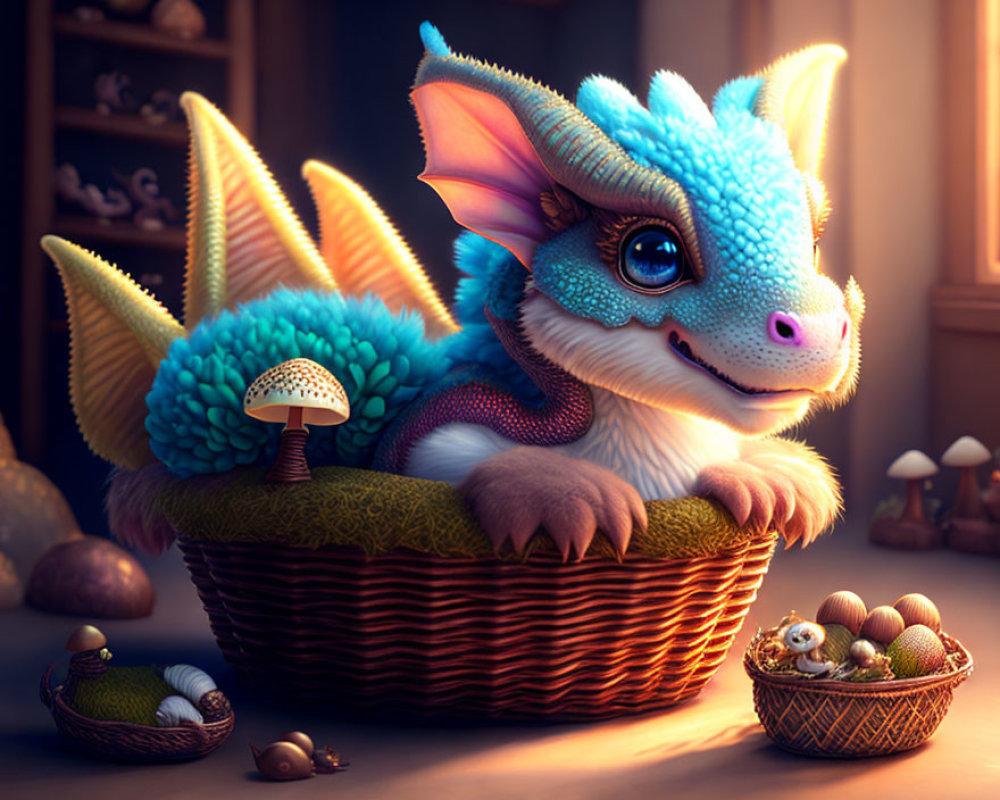 Blue dragon in wicker basket with mushrooms and snails