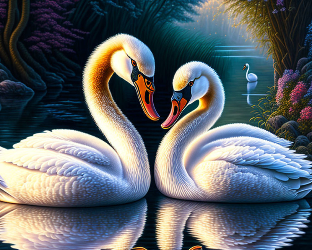 Swans Form Heart Shape on Lake at Twilight with Flamingo