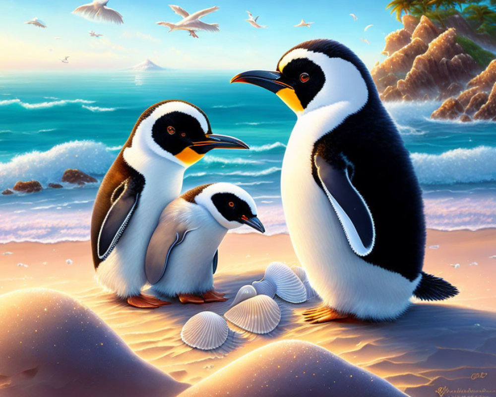 Three animated penguins on sandy beach with shells, tranquil sea, flying birds, blue sky