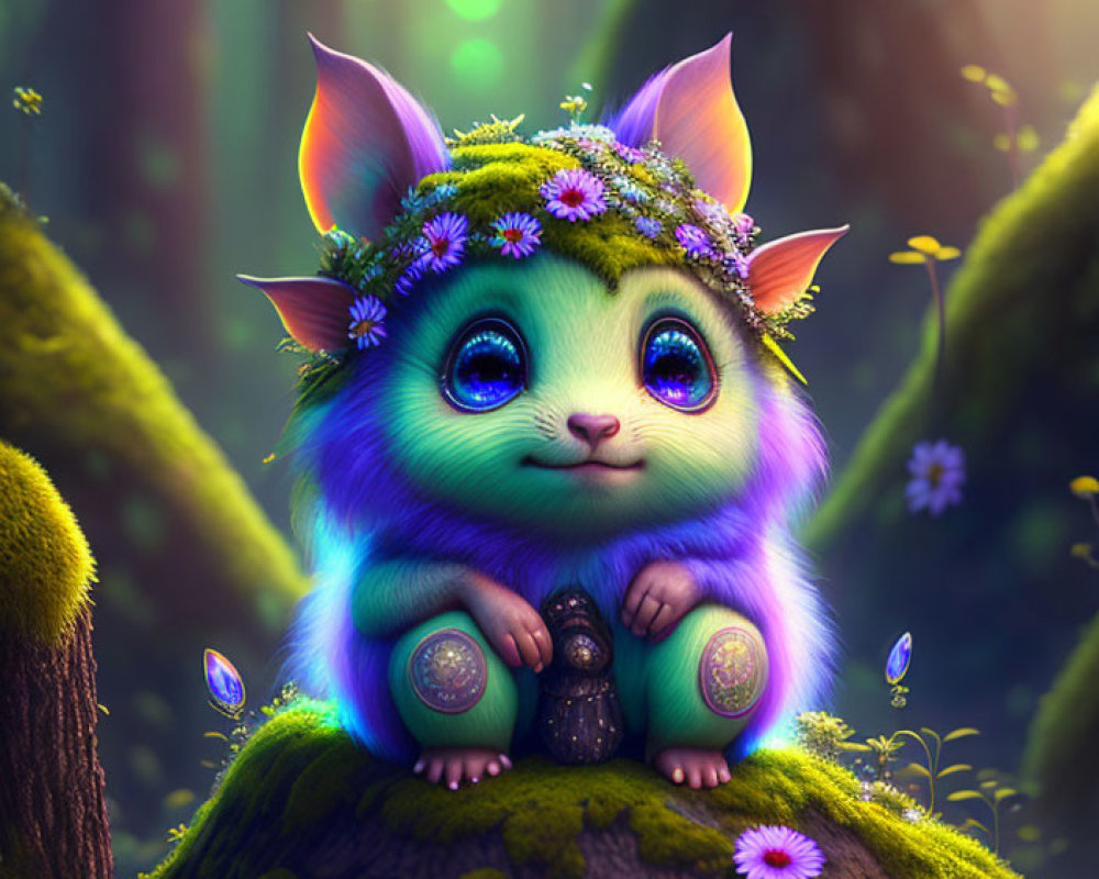 Whimsical green fur cat with blue eyes and floral crown on forest stump