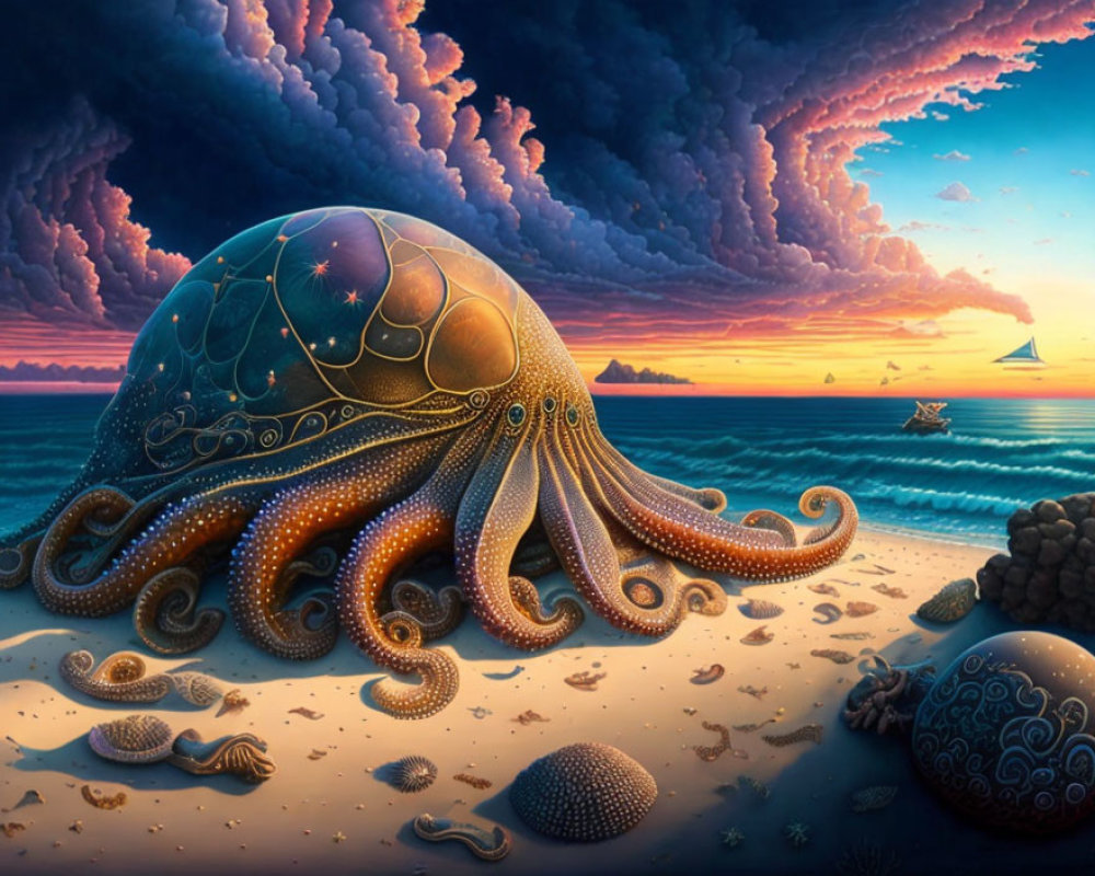 Large octopus with patterned skin on sandy beach at sunset with mystical sky and distant sailboat