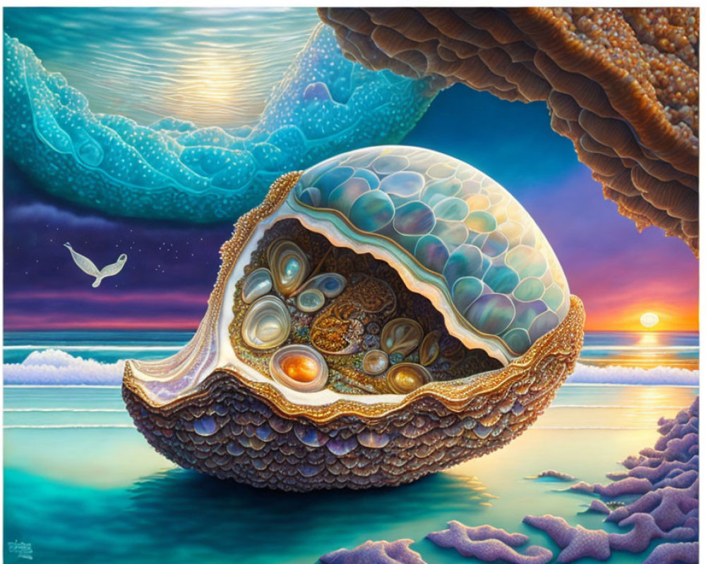 Vibrant surreal painting of open clam with pearl, showcasing colorful universe against ocean backdrop.