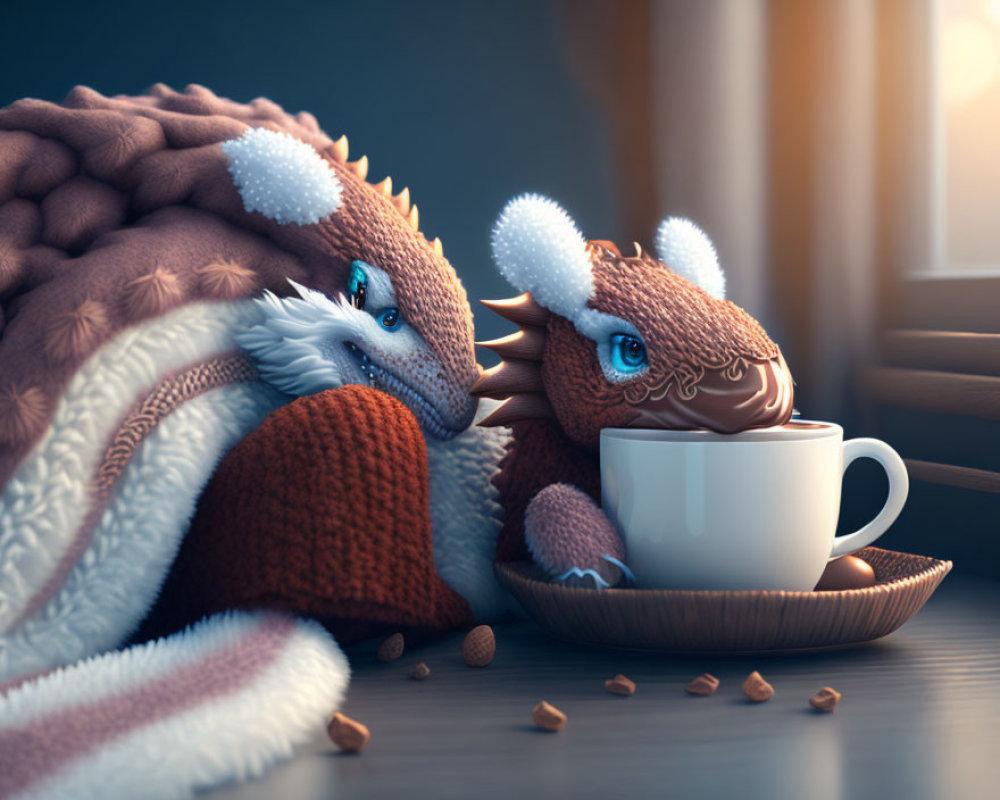 Anthropomorphic armadillos in cozy setting with coffee and blanket
