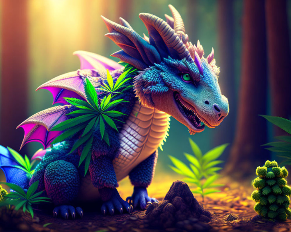 Vibrant digital artwork: whimsical dragon in forest with colorful wings and cannabis leaves