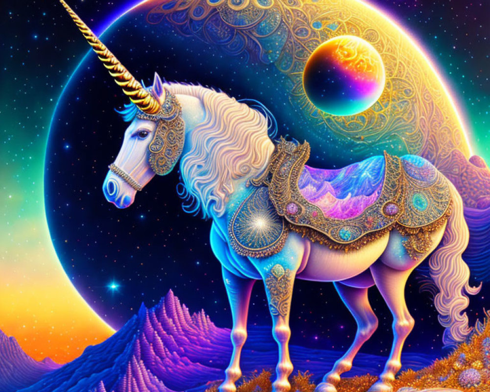 Colorful Unicorn Illustration with Cosmic Background and Moons