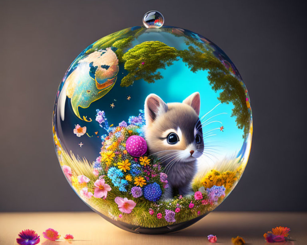 Colorful kitten illustration in transparent globe with flowers, butterflies, Earth depiction