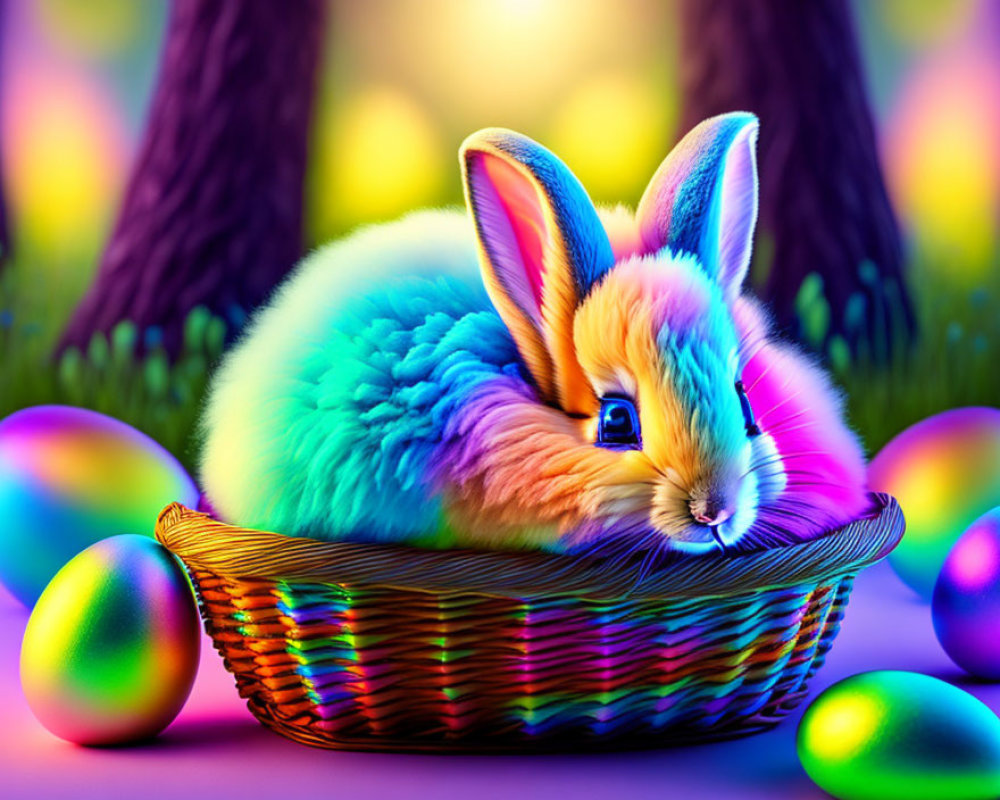 Colorful Easter Bunny with Dyed Fur in Basket Surrounded by Eggs