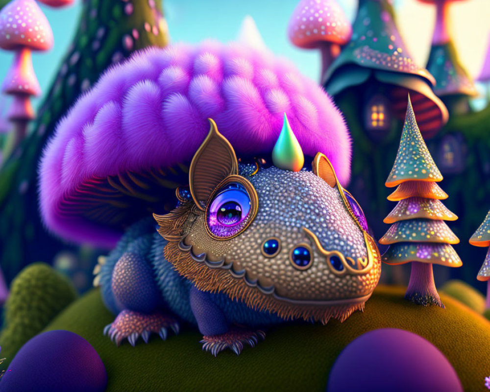 Colorful Illustration of Chubby Creature Surrounded by Mushroom Houses