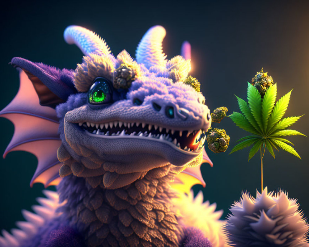 Purple dragon with big eyes and tiny horns smiling near cannabis leaf and buds.