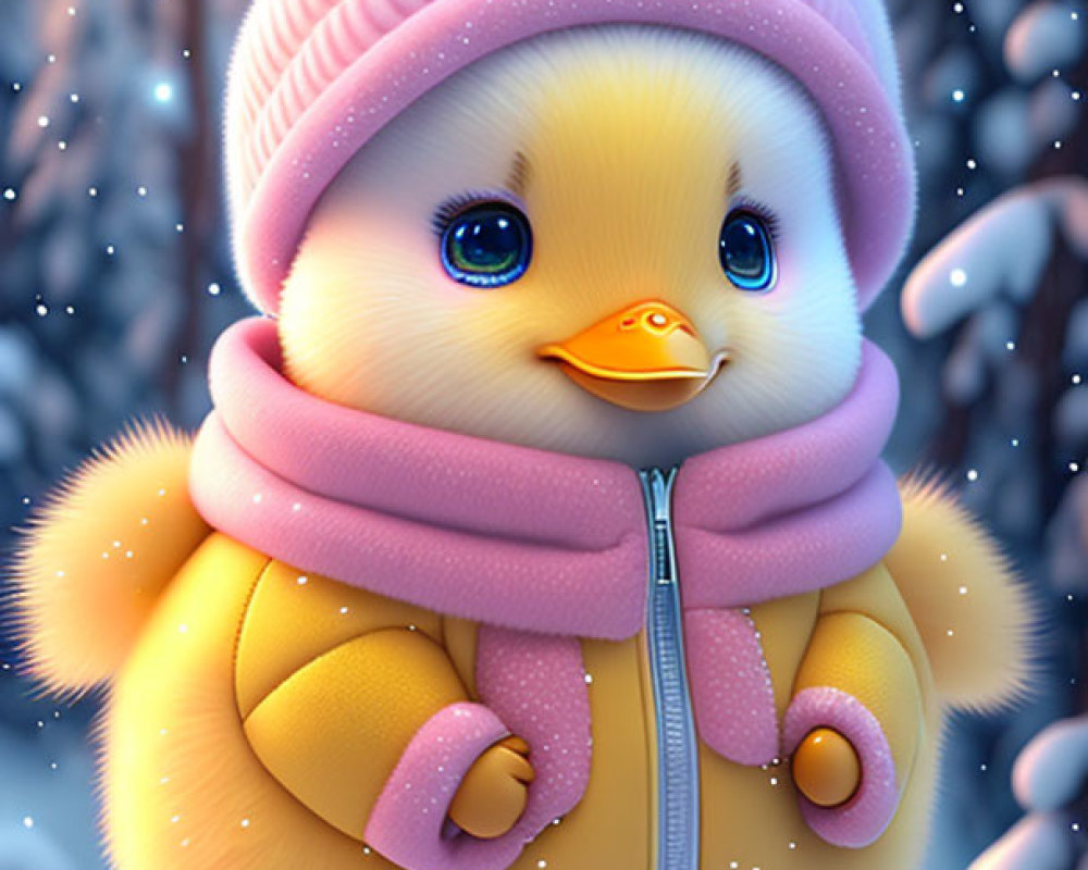 Cartoon chick in pink winter attire on snowy background