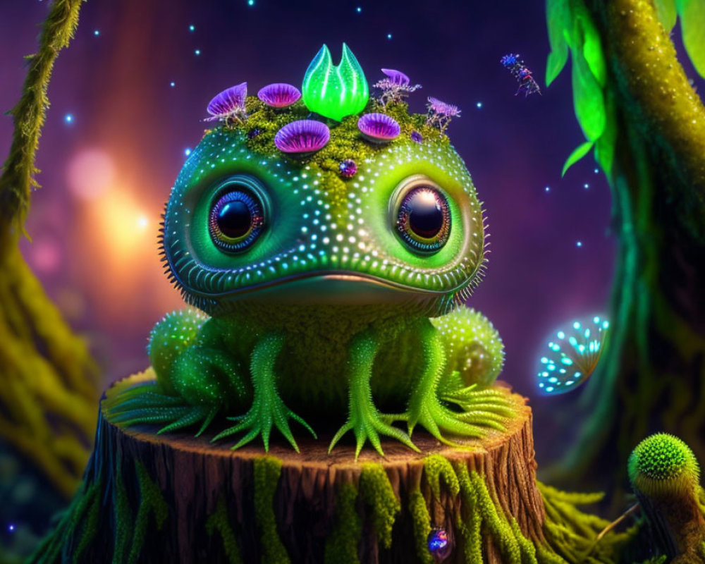 Green frog with expressive eyes in enchanted forest with bioluminescent accents
