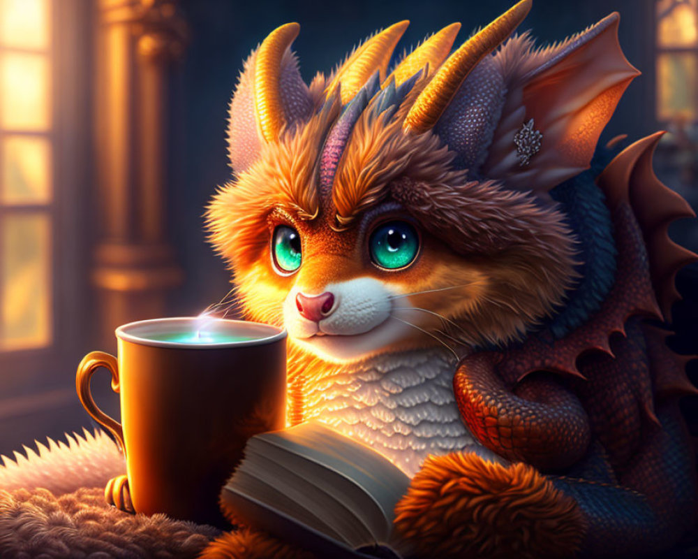 Whimsical cat-dragon creature with mug and book in cozy room