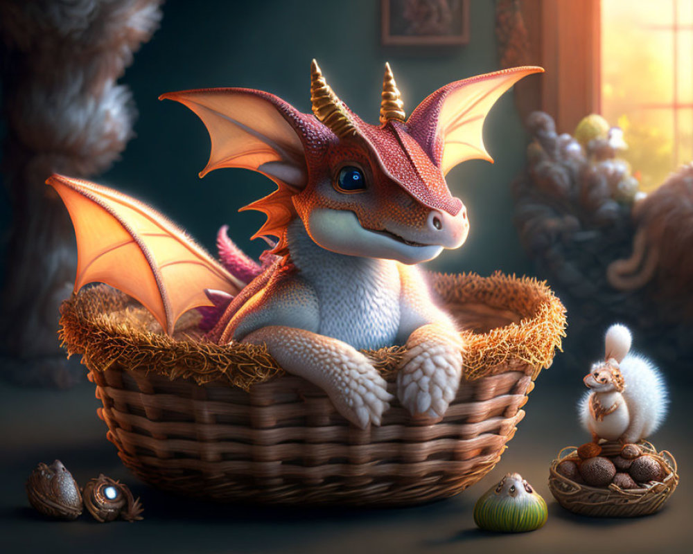 Colorful Dragon and Squirrel in Fantasy Scene with Nuts and Feathers