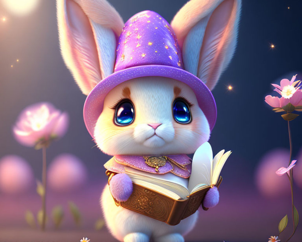 Illustration of anthropomorphic bunny in magical outfit reading under starlit sky