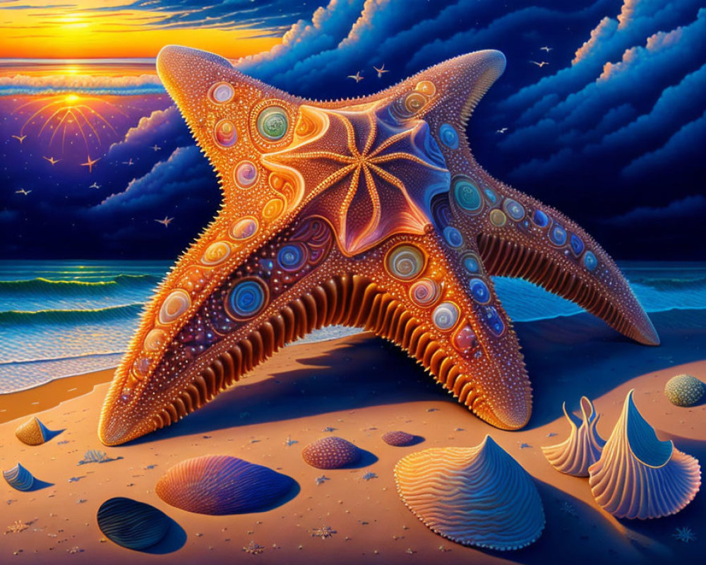 Colorful Surrealist Painting: Oversized Starfish on Beach with Sunset