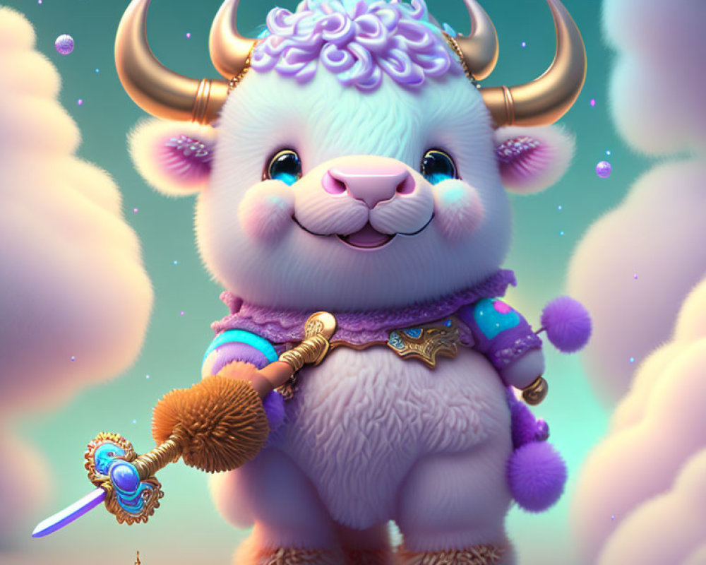 Colorful Creature with Horns and Sword in Magical Setting