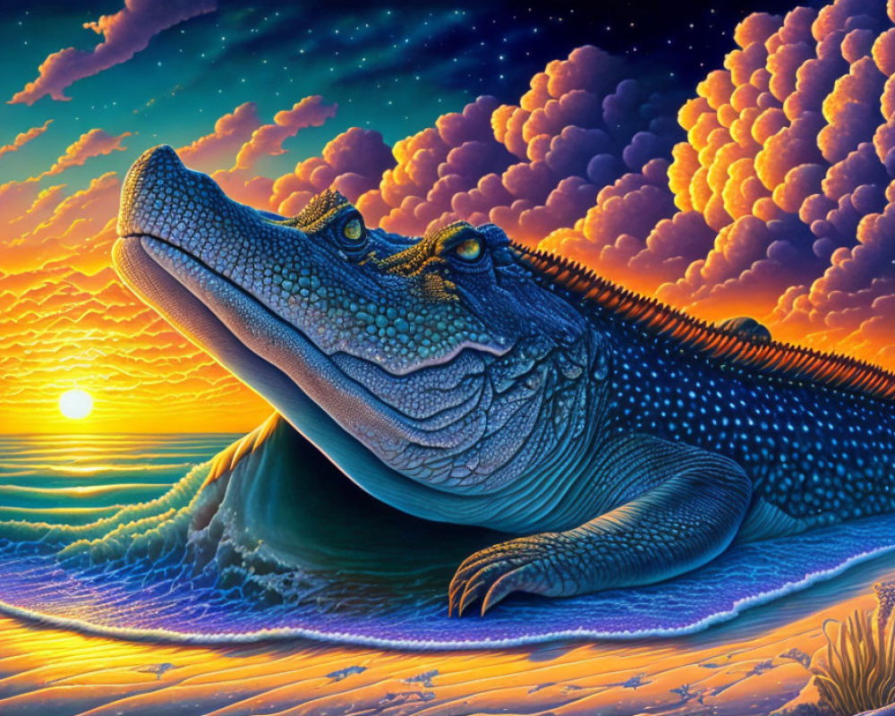 Colorful sunset ocean scene with open-mouthed alligator illustration