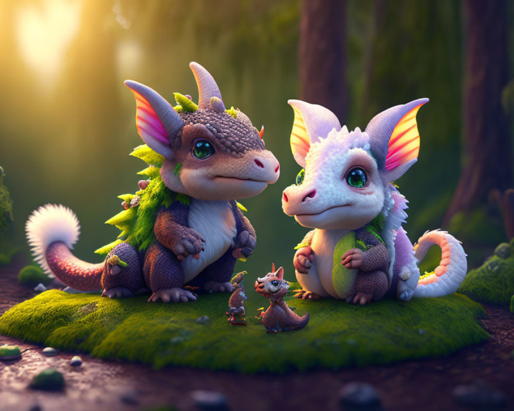 Colorful Animated Dragons with Hatchling in Enchanted Forest