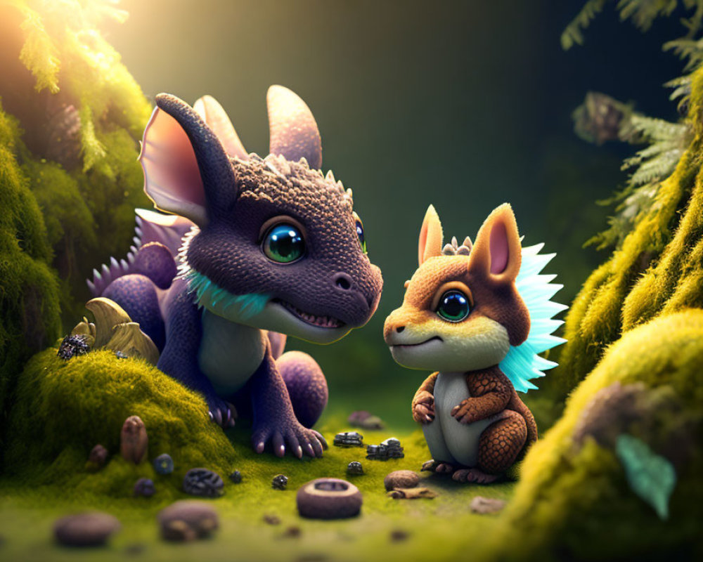 Whimsical animated dragon creatures in lush forest setting