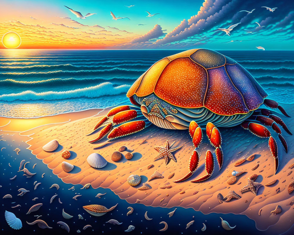 Colorful Crab Illustration on Beach with Seashells, Starfish, Sunset, and Birds