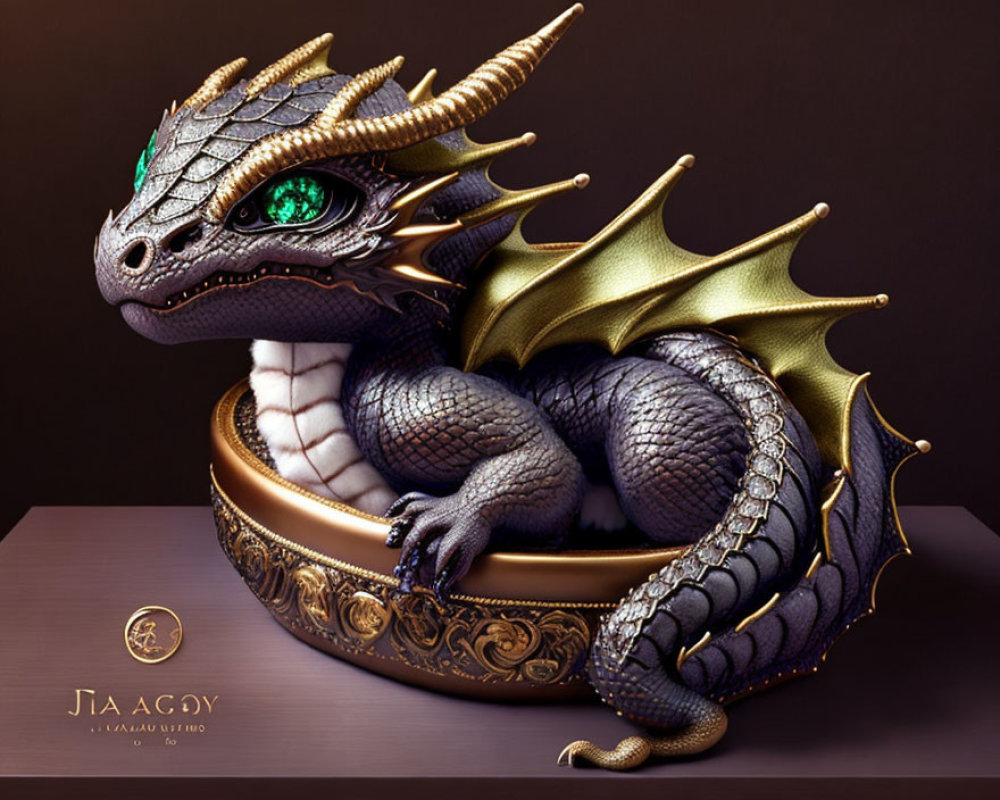 Majestic dragon digital artwork with green eyes and golden stand
