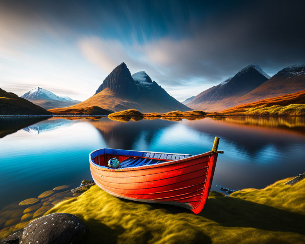 Tranquil landscape with red boat on calm lake, mountains, blue sky
