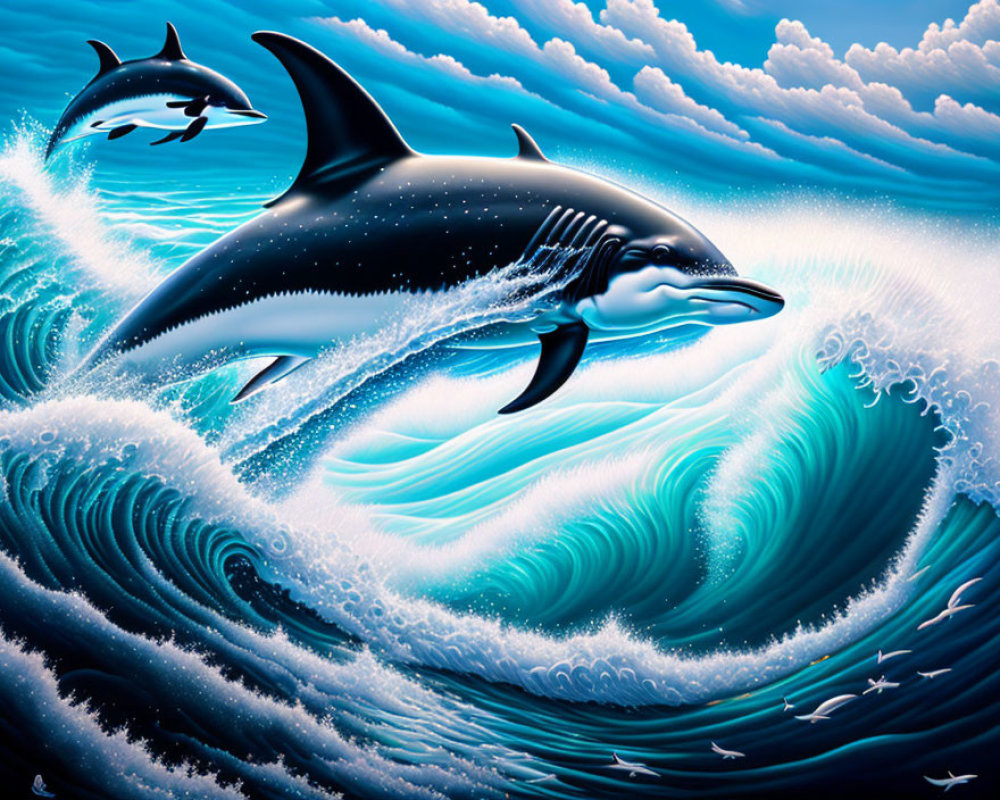 Orca and Dolphin Jumping from Dynamic Wave in Cloudy Sky