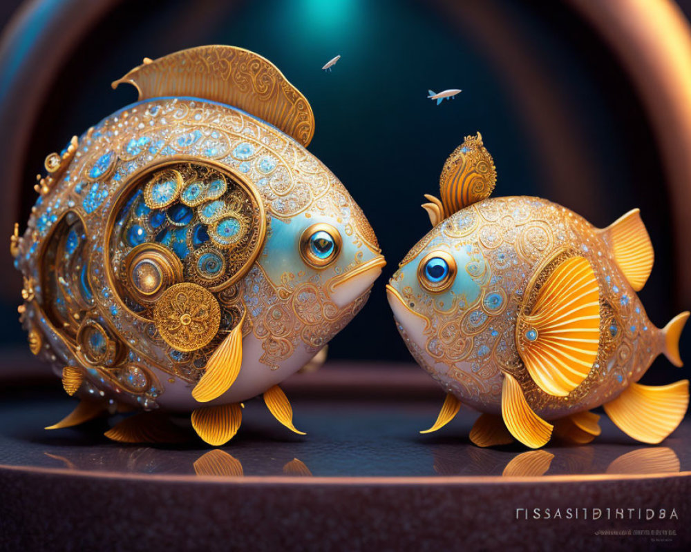 Golden mechanical fish in intricate design against dark aquatic backdrop