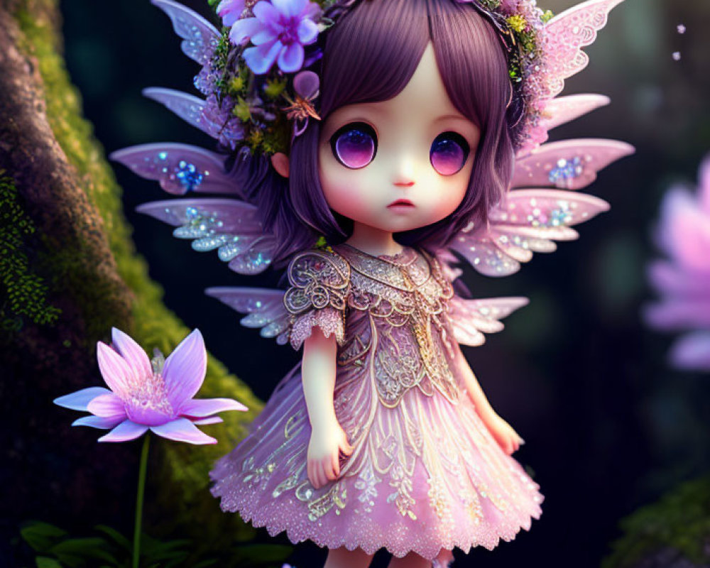 Illustrated fairy character with large eyes, floral wreath, and wings in enchanted forest.