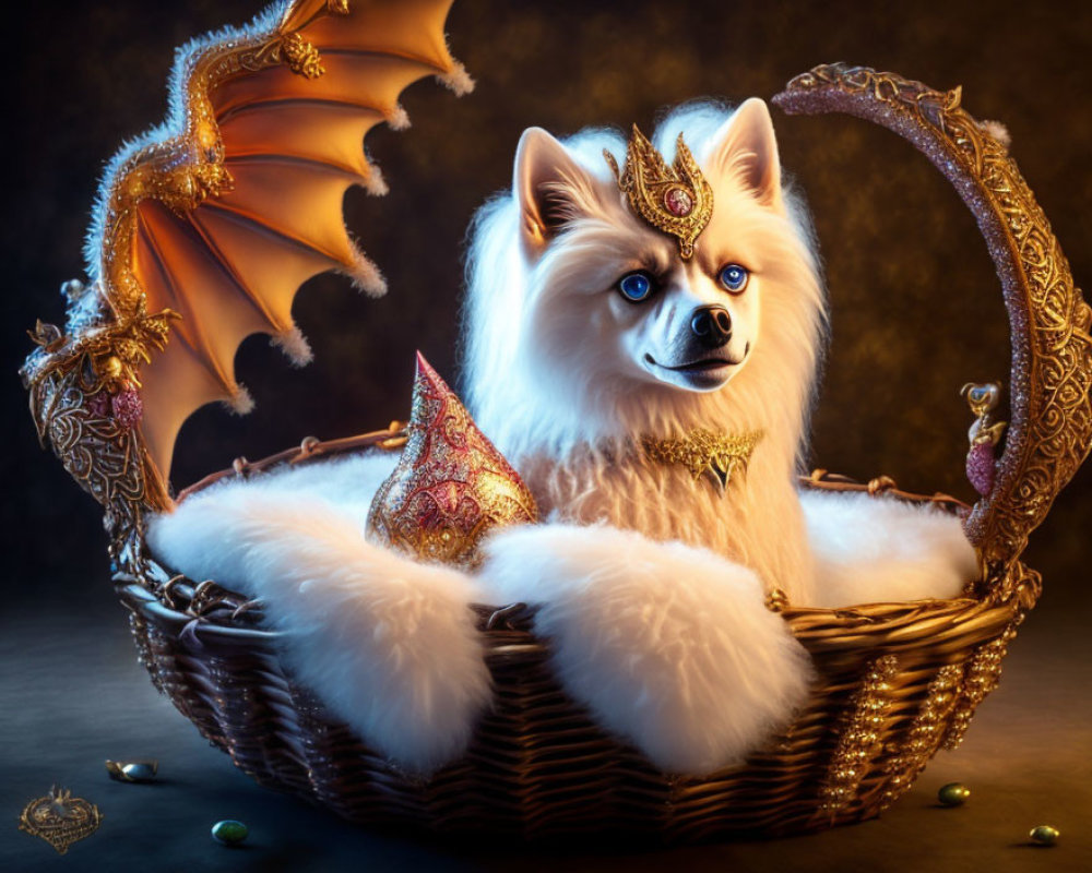 Fluffy white dog with dragon wings and blue eyes in ornate jewelry sitting in decorative basket