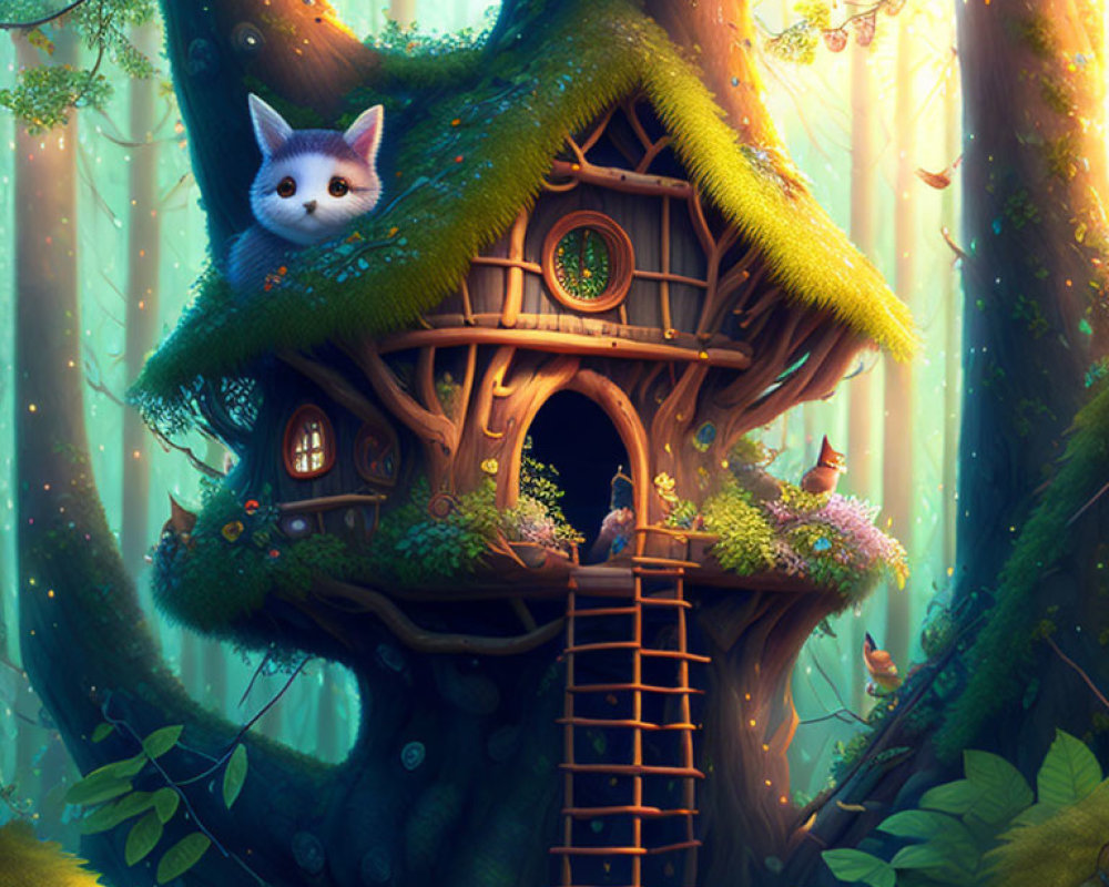 Whimsical treehouse in magical forest with peeking cat and glowing foliage
