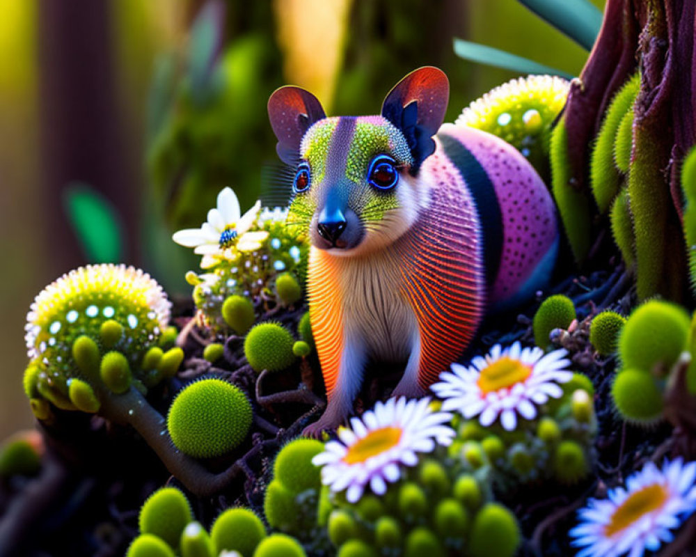Colorful Stylized Creature Among Vibrant Greenery and Daisies