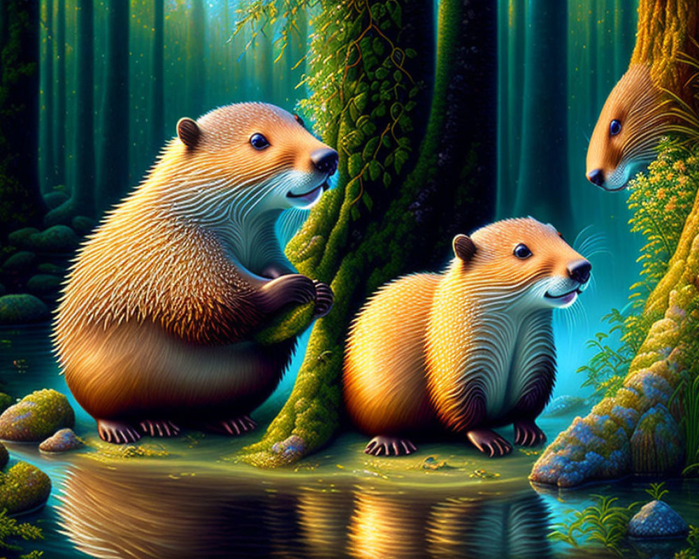 Vibrant fantasy forest scene with stylized hedgehogs