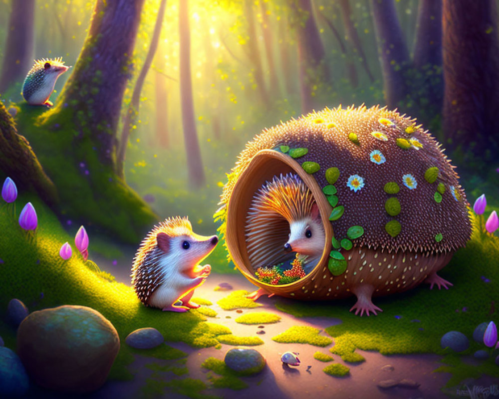 Whimsical forest scene with animated hedgehogs in hollow fruit shell