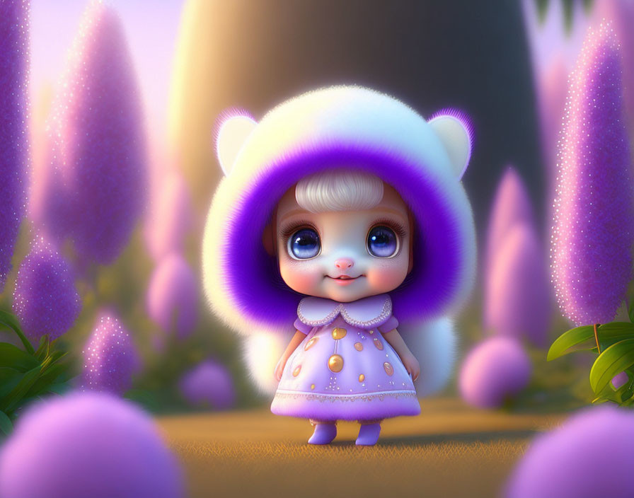 Cute animated character in white and purple bear costume in whimsical forest