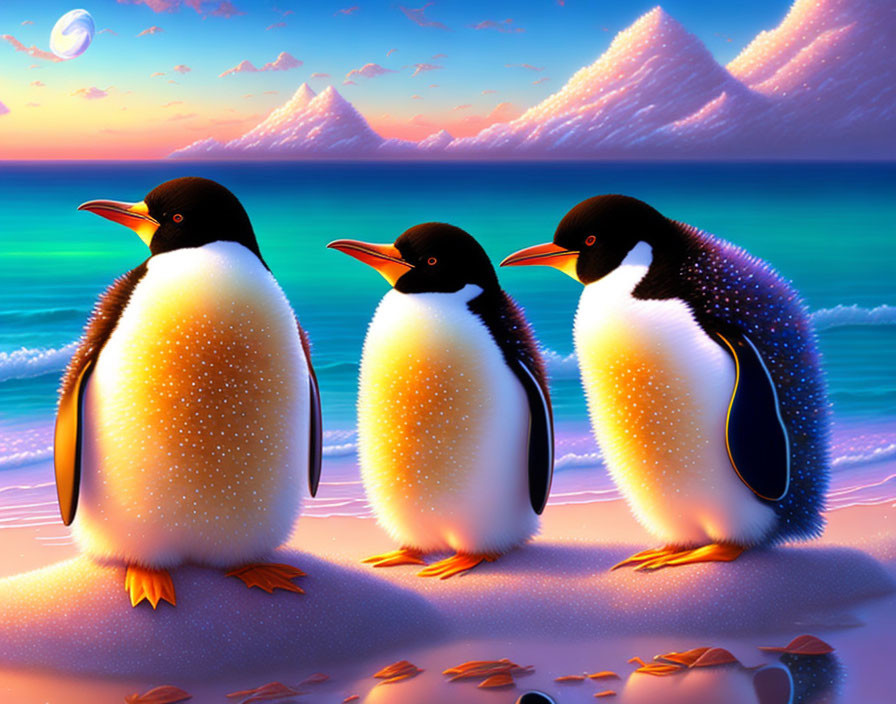 Fluffy penguins playing in the sand on the beach