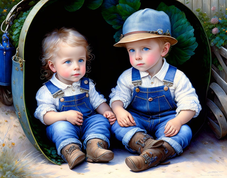 Boy and girl in denim overalls