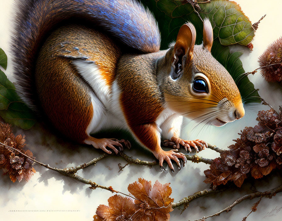 Detailed Illustration: Squirrel on Branch with Autumn Leaves
