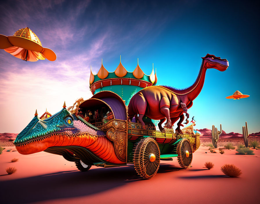 Colorful whimsical dinosaur circus in desert with flying saucers