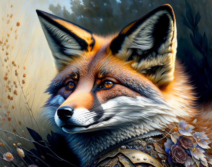 Detailed Fox Illustration with Intense Eyes and Metallic Neck Piece