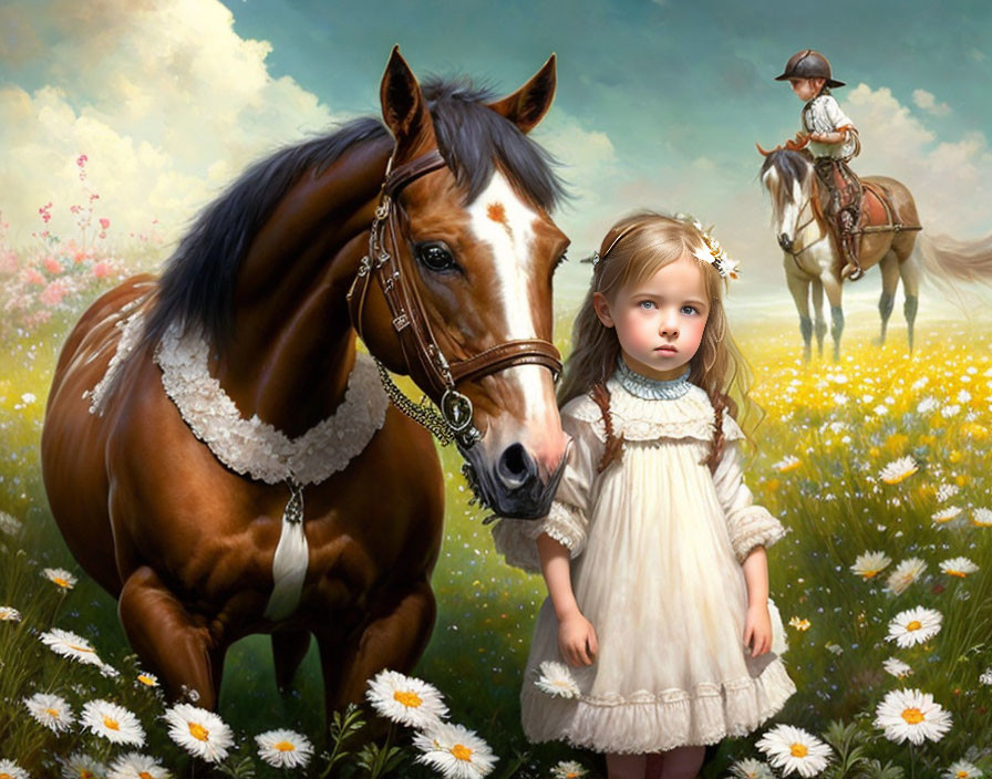 Young girl in vintage dress with horse and rider among flowers under cloudy sky