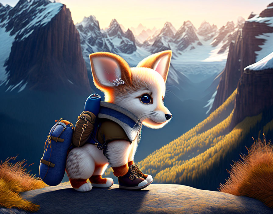 Animated fox with backpack in mountainous landscape at sunrise/sunset