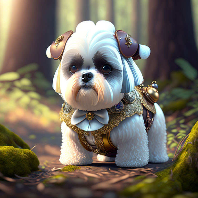 Stylized illustration of white dog with golden accessories in sunlit forest
