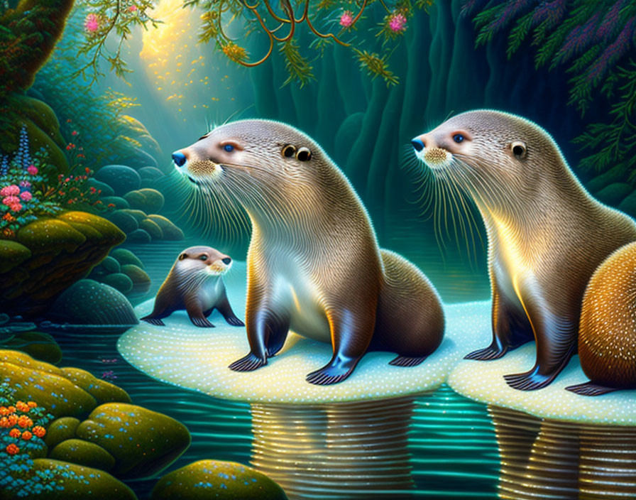 Three otters on lush riverbank and lily pad in vibrant enchanted forest.