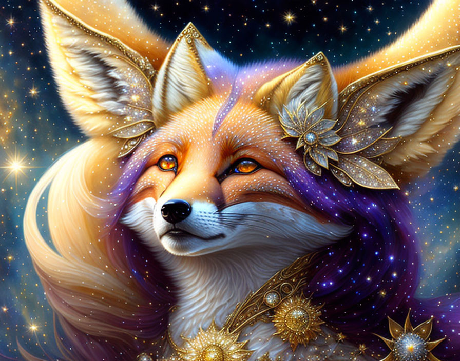 Vibrant orange mystical fox with celestial motif and golden jewelry