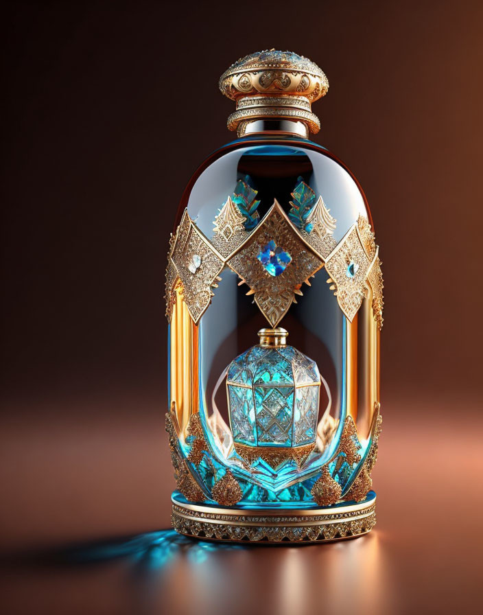 Gold-accented perfume bottle with blue gemstones on brown gradient.