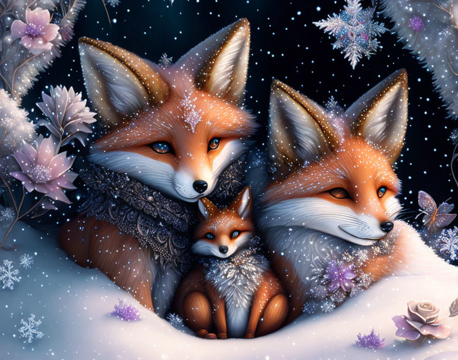 Three foxes with thick fur in snowy scene with pink flowers